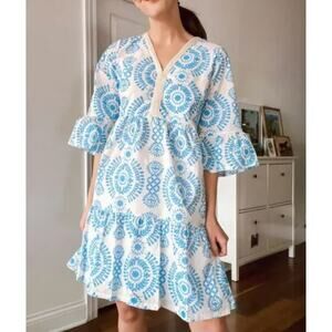 Saiph Lab Santorini Tiered Mini Dress Crochet Cotton Bell Sleeves M Blue White